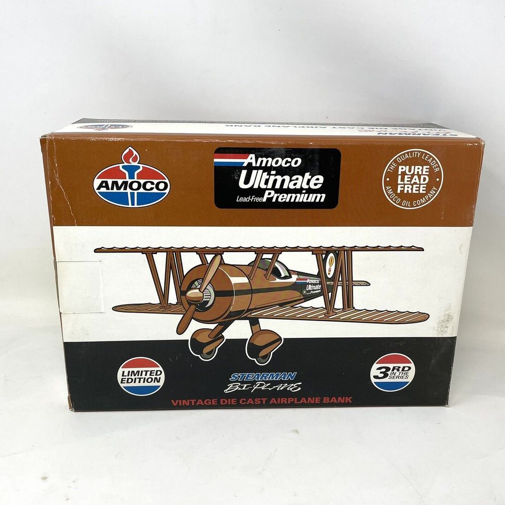 1993 Amoco Ultimate Premium Stearman Bi-Plane Airplane Bank Vintage Die Cast